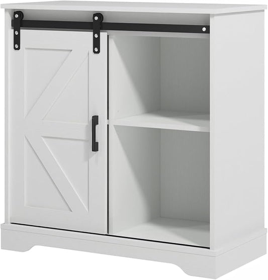 Panana Sliding Barn Door Buffet Sideboard Storage Cabinet Coffee Bar Kitchen Farmhouse Style (White)