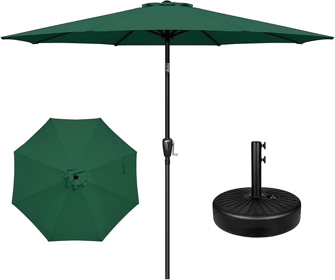 YSSOA 9' Patio Umbrella with 50lbs 20" Capacity Fillable Heavy Duty Round Base, 8 Sturdy Ribs, for Outdoor Lawn, Deck, Poolside, Green and Black