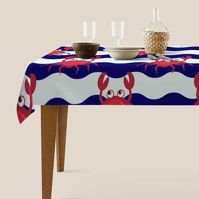 TKS MITLAN Happy Crabs Tablecloth 52 x 70 Inch Rectangular Sea Wavy Stripe Cute Animal Cartoon Fun Oblong Table Cloth Kitchen Table Decorations for Home Dinner Party