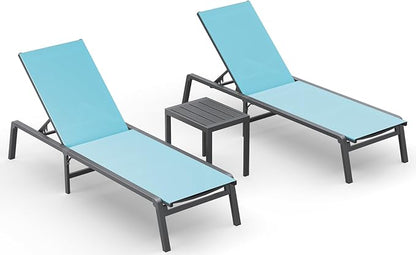 Ciokea Aluminum Foldable Lounge Chairs Set of 2 with 1 Outdoor Aluminum Side Table ，Perfect Match ，Suitable for Courtyard, Balcony, Lawn and Other Scenes，Lake Blue