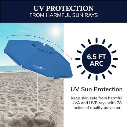 Caribbean Joe Beach Umbrella, Portable and Adjustable Tilt Sun Umbrella with UV Protection, Vented Canopy, Full 6.5 ft Arc