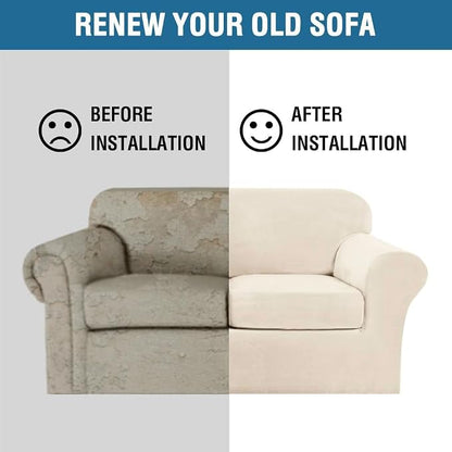 H.VERSAILTEX 3 Piece Stretch Sofa Covers Couch Covers for 2 Cushion Couch Loveseat Covers Width Up to 72 Inch Feature Thick Soft Stay in Place (Medium Sofa, Cream)