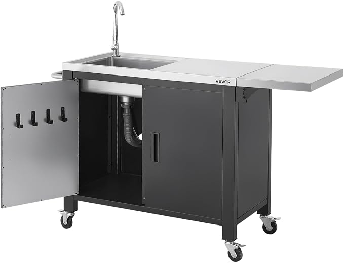VEVOR Outdoor Grill Cart with Sink and Storage Cabinet, 52 Inch Grill Table, Waterproof Kitchen Island with Stainless Steel Top, Spice Rack, Wheel, Movable Food Prep Station for Patio Bar Backyard BBQ