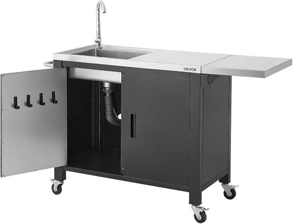 VEVOR Outdoor Grill Cart with Sink and Storage Cabinet, 52 Inch Grill Table, Waterproof Kitchen Island with Stainless Steel Top, Spice Rack, Wheel, Movable Food Prep Station for Patio Bar Backyard BBQ