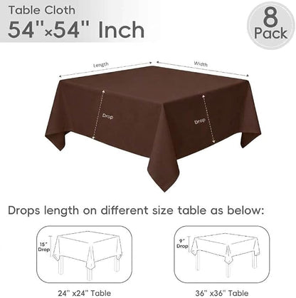 8 Pack Brown Square Tablecloth 54x54 Washable Polyester Table Cloth for Square or Round Tables, Wrinkle Resistant Fabric Decorative Covers for Dining Party Banquet Buffet and Wedding