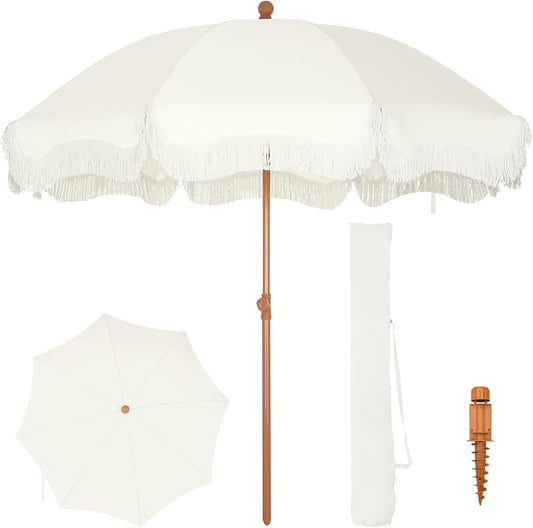 PHI VILLA 7ft Fringe Beach Umbrella White with Sand Anchor, Outdoor Patio White Portable Beach Umbrella for Sand with Tassels, Push Button Tilt & Carrying Bag, UPF 50+