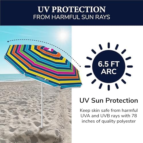 Caribbean Joe Beach Umbrella, Portable and Adjustable Tilt Sun Umbrella with UV Protection, Vented Canopy, Full 6.5 ft Arc