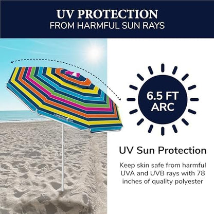 Caribbean Joe Beach Umbrella, Portable and Adjustable Tilt Sun Umbrella with UV Protection, Vented Canopy, Full 6.5 ft Arc