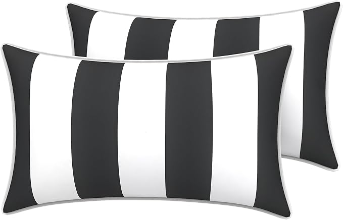 LVTXIII 2 Pack Outdoor Lumbar Pillow Covers 12x20 Inch with Piping, Water-Repellent Back Cushion Covers ONLY for Patio Furniture, Sofa, Garden Bench, Cabana Black