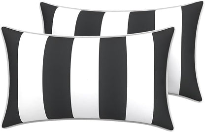 LVTXIII 2 Pack Outdoor Lumbar Pillow Covers 12x20 Inch with Piping, Water-Repellent Back Cushion Covers ONLY for Patio Furniture, Sofa, Garden Bench, Cabana Black
