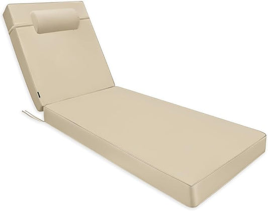 Chaise Lounge Cushion for Outdoor Furniture, Waterproof, Fade-Resistant and Tear Resistant, Patio Lounger Pads with Removable Cover for Pool, Deck, Lawn, 80x26x4 inch, Khaki