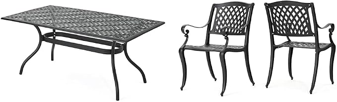 Christopher Knight Home Cayman Black Sand Cast Aluminum Rectangle Table and Hallandale Antique Matte Black Cast Aluminum Chairs, 2-Piece Set