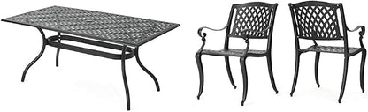 Christopher Knight Home Cayman Black Sand Cast Aluminum Rectangle Table and Hallandale Antique Matte Black Cast Aluminum Chairs, 2-Piece Set