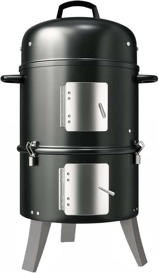 GasOne Vertical Smoker with Thermometer – 16 Inch Heavy Duty Charcoal Smoker – Multipurpose Charcoal BBQ Grill Smoker for Outdoor, Camping – Easy Assembly, 2 Access Doors Grill with Smoker