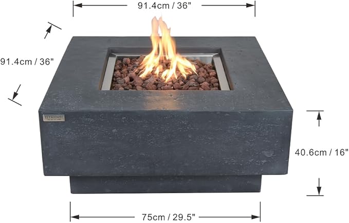 Elementi Manhattan Dark Grey Fire Pit Bundle Outdoor Firepit 36” Natural Gas Firepit Table, Glass Windscreen, Stainless Steel Cover, Canvas Cover, Floor Mat and Beverage Tub