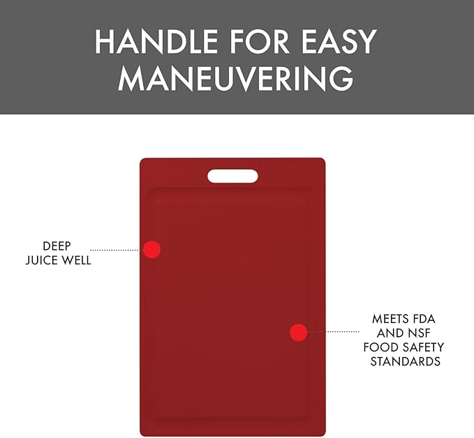 Dexas NSF Certified Polysafe Cutting Board with Handle and Juice Well, 12 x 18 inches, Reversible Kitchen Cutting Board, Red