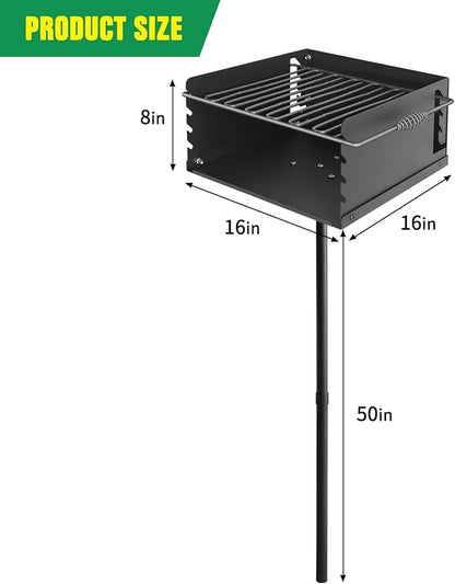 Park Style Charcoal Grill Heavy Duty, Outdoor BBQ Grill with Grate, Park Grill for Backyard, Camping, Commercial Use, Small Charcoal Grills for Outdoor Park (16'' L x 16'' W x 8'' H)