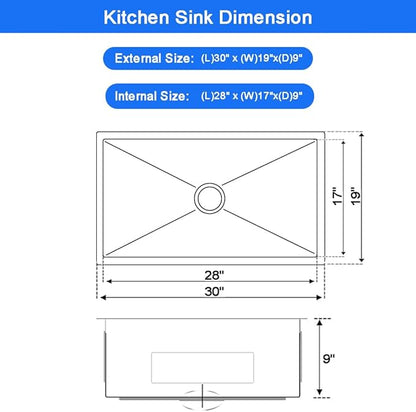 30 x 19 Inch Undermount Kitchen Bar Sink, Handmade Single Bowl 304 Stainless Steel Wet RV Sinks, Indoor and Outdoor Deep Kitchen Laundry Basin with Accessories