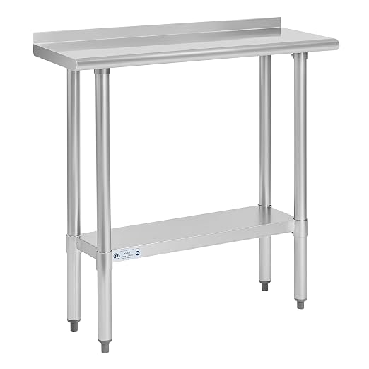 Hally Stainless Steel Table 14 x 36 in, Kitchen Prep Work Table, Backsplash | Provides a narrow surface for appliances or outdoor cooking; lower shelf organizes gear, while adjustable feet reduce wobble.