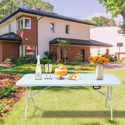 IDEALHOUSE 6 Ft Plastic Folding Table, Portable Fold-in-Half Table with Iron Legs, Carrying Handle, Outdoor Rectangular Fold Out Table for Dining, Picnic, Party, Camping, Barbecues, White