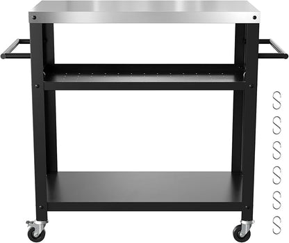 Baotree Outdoor Grill Cart Table, Stainless Steel Outdoor Grill Cart Pizza Oven Stand Trolley Table with Two Side Handle, Garden Patio BBQ Kitchen Heavy Duty Table Cart (Black)
