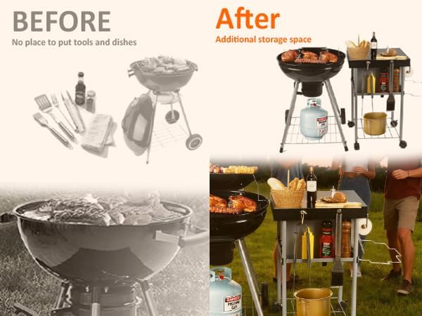 Rolling Grill Side Table Cart for 18"/22" Weber Charcoal Kettle Grills - Outdoor Prep Stand with Wheels, Mesh Storage Racks for Backyard BBQ, Camping, Parties