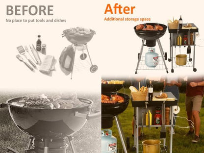 Rolling Grill Side Table Cart for 18"/22" Weber Charcoal Kettle Grills - Outdoor Prep Stand with Wheels, Mesh Storage Racks for Backyard BBQ, Camping, Parties