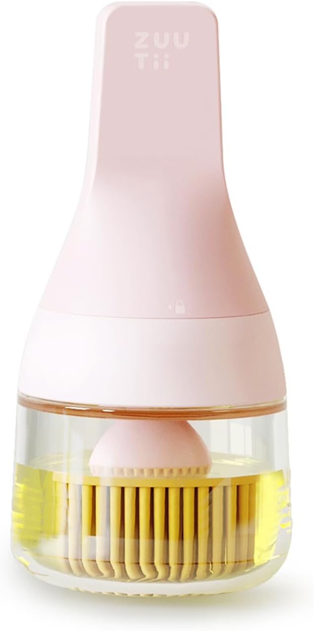 Zuutii Oil Dispenser with Silicone Brush for Cooking,Glass Oil Bottle with Heat Resistant Basting Brushes for Baking, Food Brush for Grilling, Butter, BBQ Sauce，Dishwasher Safe,4.4oz,Pink