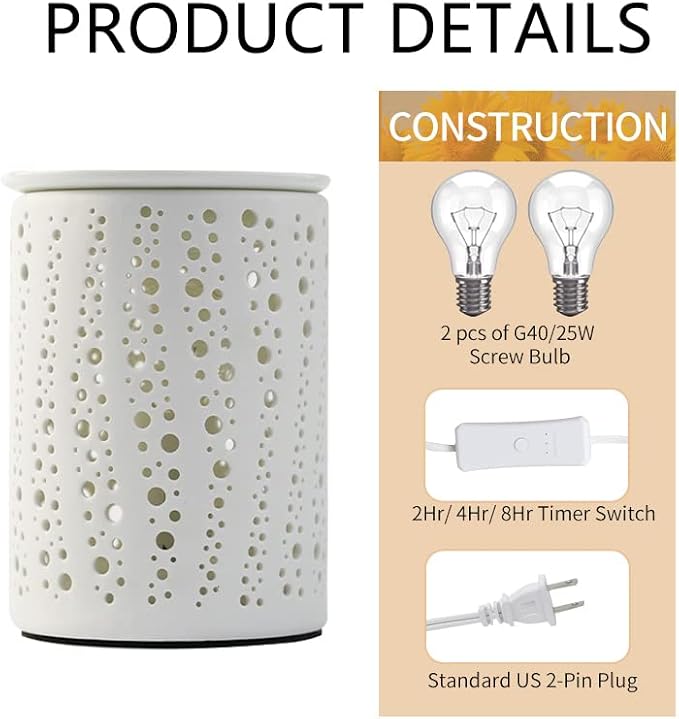 PALANCHY Electric Wax Melt Warmer with Timer 2/4/8 Hour, Ceramic Wax Warmer | Oil Burner With Soft Glow Starry Night Light, 2 Bulb 25W Included. Wax Melter For Scented Wax Electric For Nightstand & Shelf