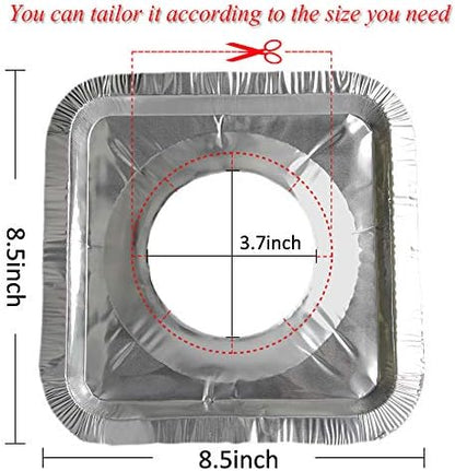 100 Pack Aluminum Foil Square Stove Burner Covers Disposable Heavy Thick Quality Bib Liners Drip Pans Gas Range Top Protectors 8.5”