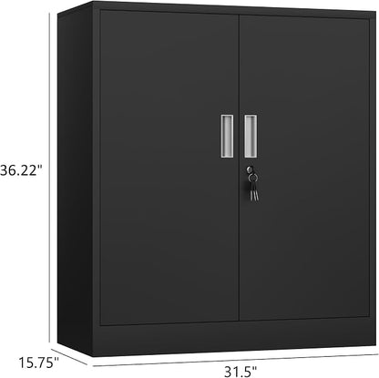 Metal Storage Cabinet with Locking Doors and 2 Adjustable Shelves, Small Lockable Storage Cabinet for Home Office Garage (Black)