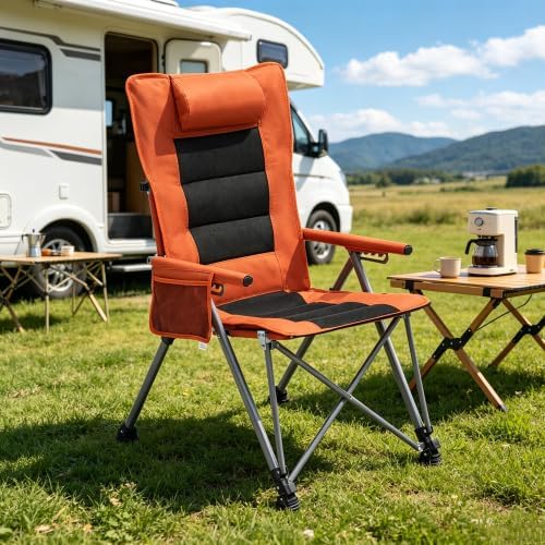 Adjustable Folding Beach Chair, Portable Camping Chair for Adults with Backrest, Reclining Outdoor Chair with Cup Holder & Pocket, Foldable Low Beach Chair for Camping, Picnic, Orange