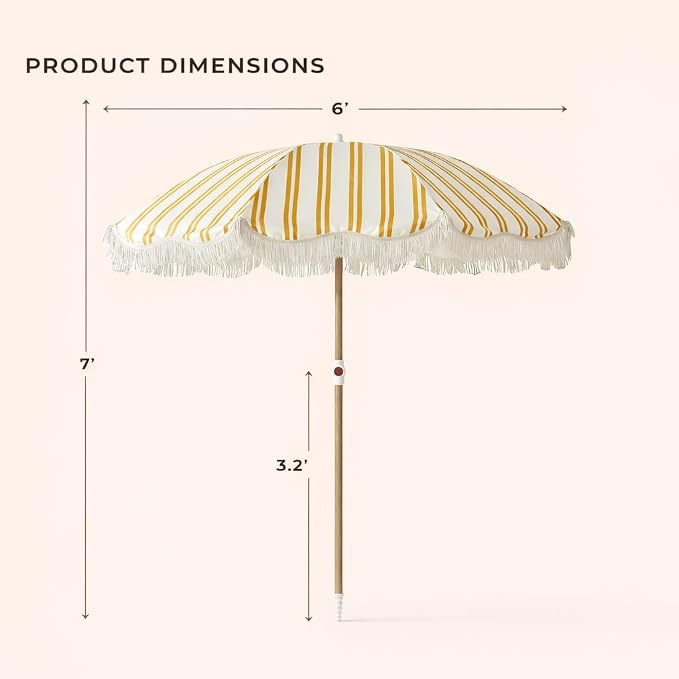6FT Striped Fringe Beach Umbrella, Sand Anchor, UPF 50+ Sun Shade | Adjustable Tilt & Portable Design, Coastal Umbrella for Beach & Patio, Heritage Mimosa Stripe