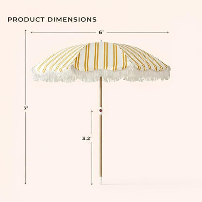 6FT Striped Fringe Beach Umbrella, Sand Anchor, UPF 50+ Sun Shade | Adjustable Tilt & Portable Design, Coastal Umbrella for Beach & Patio, Heritage Mimosa Stripe