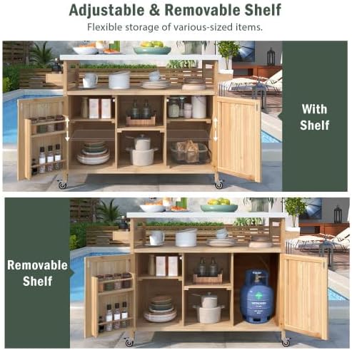 Bellemave Outdoor Kitchen Island with Stainless Steel Top, Rolling Bar Cart & Storage Cabinet, Outdoor Grill Cart with Spice & Towel Rack, Rolling Island Table for Kitchen & BBQ, Natural