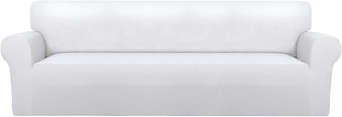 PureFit Stretch Couch Covers for Sofa 4 Seater Slipcovers White | 1-Piece Sofa Cover Washable Soft Couch protector, Couch Slipcover with Non Skid Foam and Elastic Bottom for Kids, Dogs