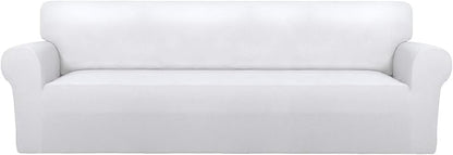 PureFit Stretch Couch Covers for Sofa 4 Seater Slipcovers White | 1-Piece Sofa Cover Washable Soft Couch protector, Couch Slipcover with Non Skid Foam and Elastic Bottom for Kids, Dogs