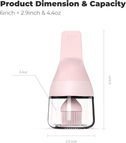 Zuutii Oil Dispenser with Silicone Brush for Cooking,Glass Oil Bottle with Heat Resistant Basting Brushes for Baking, Food Brush for Grilling, Butter, BBQ Sauce，Dishwasher Safe,4.4oz,Pink
