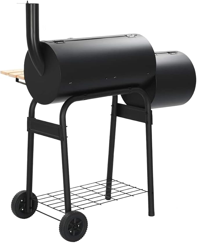 Offset Smoker BBQ Grill with Side Firebox, Charcoal Grill for Outdoor Cooking, Smoking and Grilling with Integrated Thermometer and Shelves, Black