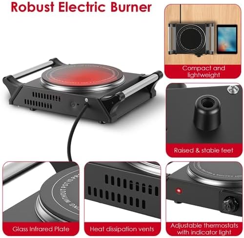 1000W Portable Single Burner Heating Stove Countertop RV Hotplate with 5 Temperature Stepless Adjustments Portable Handles
