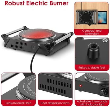 1000W Portable Single Burner Heating Stove Countertop RV Hotplate with 5 Temperature Stepless Adjustments Portable Handles