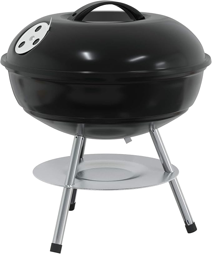 Portable Charcoal Grill for Outdoor Cooking, Compact Round BBQ Barbecue Grill with Lid, Air Vent, Ash Basin and Cooking Grate for Garden, Patio, Camping, Backyard, Black, 14.37 x 14.37 x 15.75 in