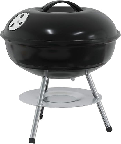 Portable Charcoal Grill for Outdoor Cooking, Compact Round BBQ Barbecue Grill with Lid, Air Vent, Ash Basin and Cooking Grate for Garden, Patio, Camping, Backyard, Black, 14.37 x 14.37 x 15.75 in