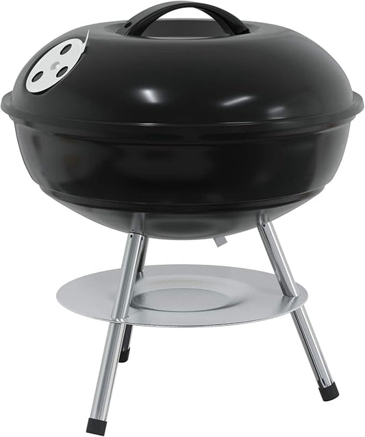 Portable Charcoal Grill for Outdoor Cooking, Compact Round BBQ Barbecue Grill with Lid, Air Vent, Ash Basin and Cooking Grate for Garden, Patio, Camping, Backyard, Black, 14.37 x 14.37 x 15.75 in
