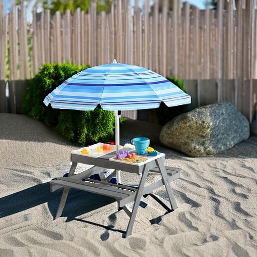 3-in-1 Kids Picnic Table, Play Sand and Water Sensory Table with Height Adjustable Umbrella & Removable Tabletop, Kids Wooden Outdoor Table, with 3 Storage Bins, Upgraded