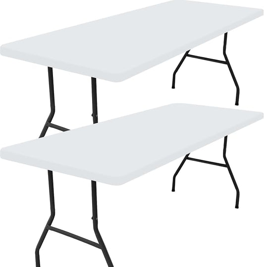 Smiry 2 Pack Rectangle Tablecloth, Elastic Fitted Flannel Backed Vinyl Tablecloths for 8ft Folding Tables, Waterproof Wipeable Table Covers for Outdoor, Camping and Picnic (White, 30"x96")