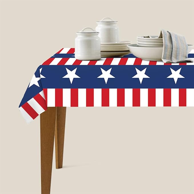 Decorative Rectangle Table Cloths Watercolor Stripes Stars 4th of July Patriotic Memorial Tablecloth Table Cover for Dining/BBQ/Picnic/Coffee Table 52 X 70 Inches