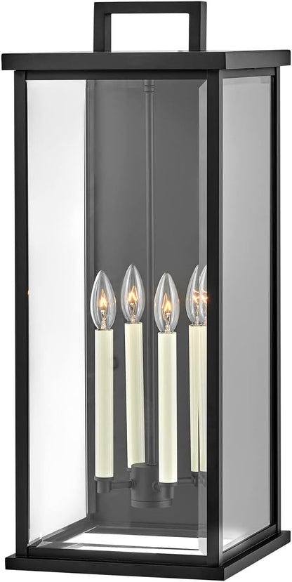 Hinkley Weymouth Large Four Light Wall Mount Lantern – Estate Series, Aluminum, Candle Sleeves, Rectangular, Clear Beveled Glass – Black Finish