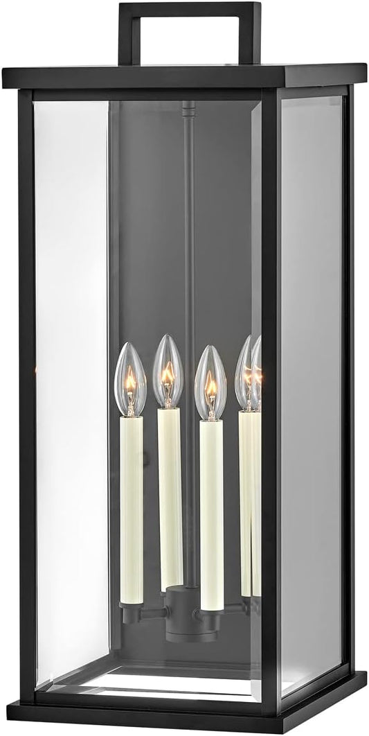 Hinkley Weymouth Large Four Light Wall Mount Lantern – Estate Series, Aluminum, Candle Sleeves, Rectangular, Clear Beveled Glass – Black Finish