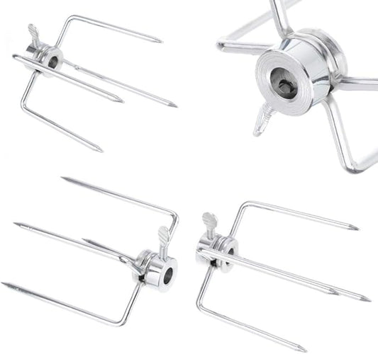 4 Pack Stainless Steel 304 Grill Rotisserie Meat Forks Set- Fits 5/16" Square and 3/8" Round Hexagon Spit Rods for rotisserie kit for Gas Charcoal Grill